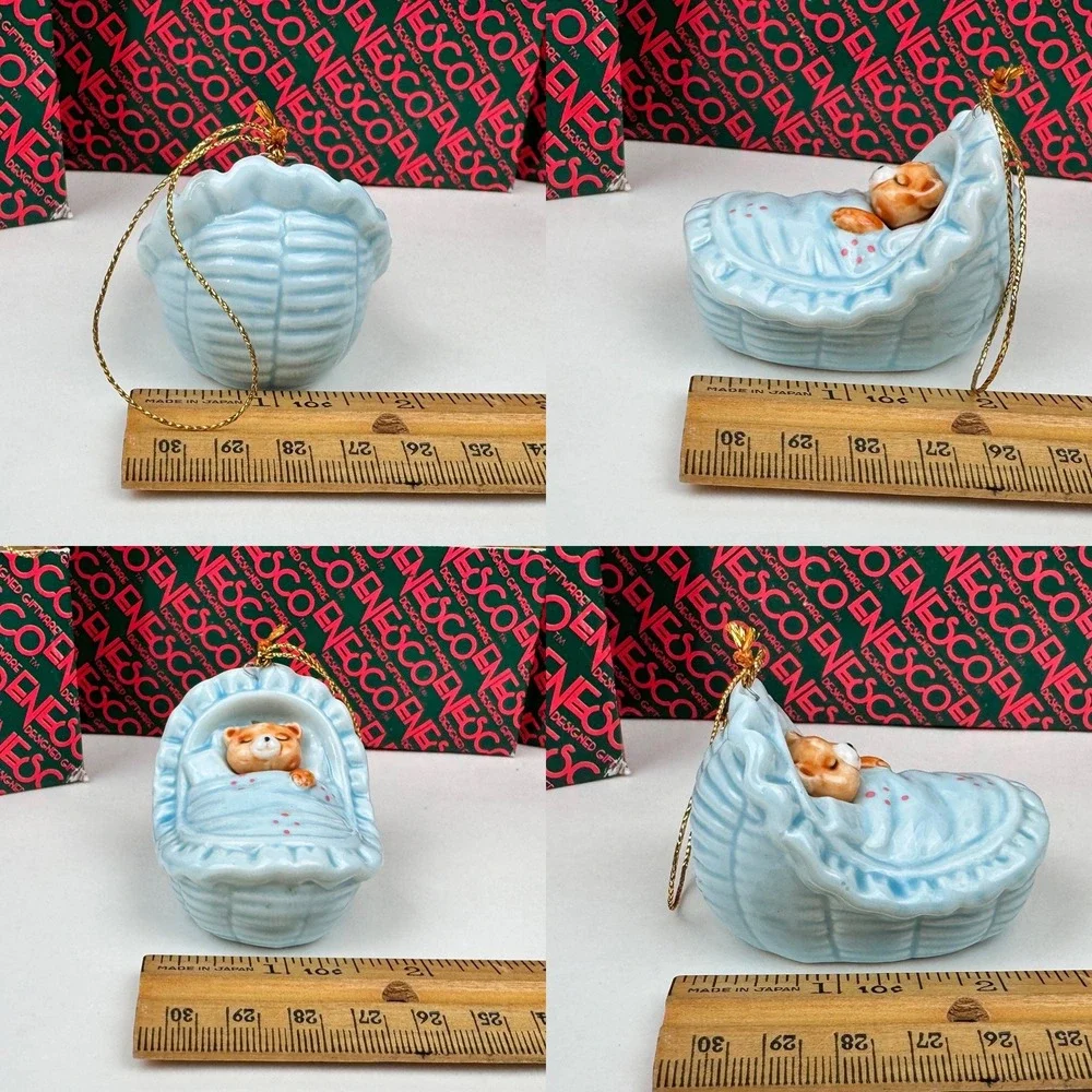 Vtg 1988 18 Enesco Teddy Bear Blue Bassinet Boy Baby Shower Gift Ornament READ